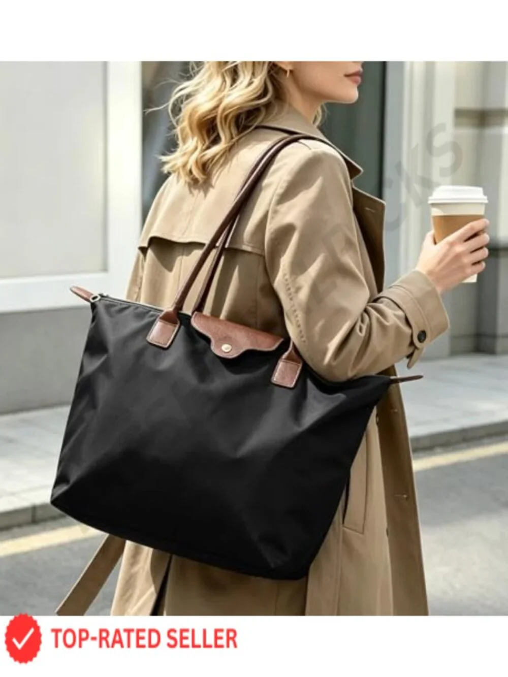 Foldable Nylon Tote Bag for Women with Zipper, Large Capacity Work Handbag